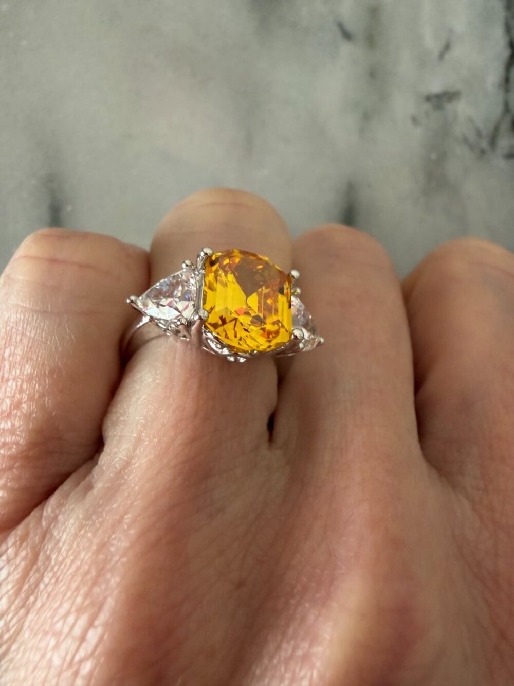 Radiance by Absolute Cushion-Cut Canary Yellow Triangular Sides Three-Stone Ring